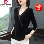 皮爾卡丹（pierre cardin）長(zhǎng)袖v領(lǐng)打底衫女2025春新款金絲絨修身上衣網(wǎng)紗拼接T恤衫時(shí)尚氣質(zhì) 黑色 XL _建議120-130斤
