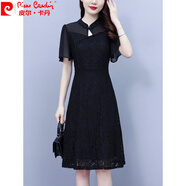 皮爾卡丹（pierre cardin）夏季黑色短袖新中式減齡中國風拼接改良版旗袍蕾絲連衣裙2025新款 黑色 M