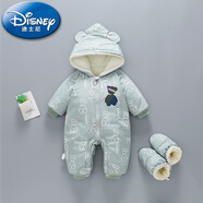 迪士尼（Disney）2025年新生嬰兒冬款衣服加絨夾棉寶寶連體衣外出加厚棉衣爬服冬季 BB-印花熊  綠色(同款鞋套) 80cm 80碼(15-20斤左右)