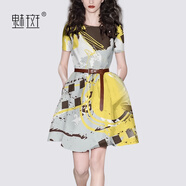 魅斑時(shí)尚洋氣小香風(fēng)連衣裙中長(zhǎng)款女裝夏季新款收腰顯瘦印花A字裙 花色 S