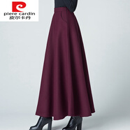 皮爾卡丹針織冬季女格子高腰毛呢半身裙秋冬大擺a字長(cháng)裙加厚中長(cháng)款傘裙針 酒紅色 S