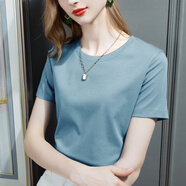 莉社短袖t恤女2025夏季新款修身顯瘦絲光棉半袖圓領(lǐng)體恤韓版百搭上衣 霧霾藍圓領(lǐng) L 【100-110斤】
