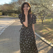妍莉芬（yanlifen）黑色碎花連衣裙女2024夏季新款小個(gè)子法式茶歇氣質(zhì)顯瘦長(cháng)裙子夏天 印花 L 110-120斤