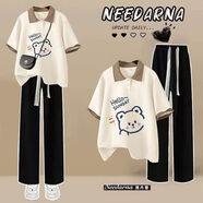 DOGHC大童女裝12-15歲夏季套裝18初中高中學(xué)生女孩Polo領(lǐng)短袖T恤闊腿褲 5231淺咖黃色可愛(ài)熊T恤+黑色闊腿褲 薄款 165 (XL) 建議100-115斤