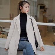 BUTAO女裝雙面羊毛大衣女小個(gè)子新款中長(cháng)韓版顯瘦寬松呢子外套 米白色 M 【建議120-140斤】