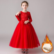 小熊精靈（xiaoxiongjingling）童裝公主裙長(cháng)袖兒童禮服女童連衣裙秋冬季花童舞蹈表演出服蓬蓬裙 紅色長(cháng)款/加絨款 130碼(建議高120左右)
