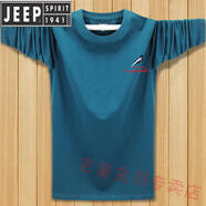 JEEP SPIRIT春秋裝男士t恤長袖純棉春秋衣寬松加肥加大T恤胖子大碼男裝打底衫 小羽毛牛仔藍 S 體重90-115斤