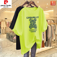 皮爾卡丹（pierre cardin）中長款大版t恤短袖女2025新款寬松純棉小熊圓領(lǐng)遮屁股顯瘦上衣 熒光綠中長款短袖(藍(lán)) L115-130斤