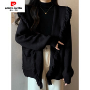 皮爾卡丹（pierre cardin）設計感海領(lǐng)流蘇披風(fēng)加厚毛衣開(kāi)衫女秋冬寬松慵懶風(fēng)顯瘦針織外套 黑色 3XL 建議135-150斤