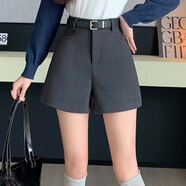 瑤益2024新款秋冬加厚毛呢西裝短褲女外穿設(shè)計(jì)感高腰休閑A字闊腿靴褲 深灰 S