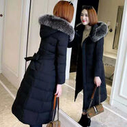 毅珊羽絨服女中長(cháng)款冬季新品時(shí)尚修身顯瘦長(cháng)款過(guò)膝連帽大毛領(lǐng)收腰外套  黑色 灰色毛領(lǐng) L