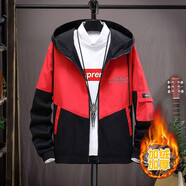 卡度頓夾克男春秋款外套韓版時(shí)尚印花連帽工裝青少年休閑男裝上衣服褂子 大紅色-黑色（加絨） 3XL