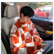 秋冬季復古棋盤格小熊針織衫毛衣男ins情侶寬松上衣服韓版潮流外套棋盤格毛衣男潮牌加厚慵懶線衣 橘紅色 L