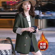 安依蓮中長款小西裝女外套春秋時尚雙排扣百搭條紋上衣女士氣質(zhì)休閑西服 GDX362墨綠色西裝　加棉款 S