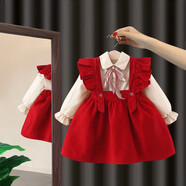 鸞雀翔 一周歲女寶寶生日禮服裙幼兒裙子1到3女童套裝周歲背帶套裙2件套 紅色 80碼 建議身高70-80 體重16-20斤