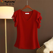 啄木鳥(niǎo)夏裝新款短袖V領(lǐng)雪紡上衣t恤女士歐洲站寬松百搭遮肚洋氣小衫 酒紅色 6XL