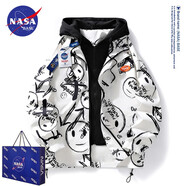 NASA BASE官方男裝潮牌聯(lián)名夾克男女款大碼棒球服寬松假兩件連帽工裝外套男 DT-2222-白色印花 L（建議110-130斤）
