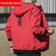 YOOOURTHING男士休閑夾克青年時尚休閑連帽外套男城市輕戶外春秋冬加絨夾克男 XZ1402-1943-紅色 2XL 【建議120-150斤】