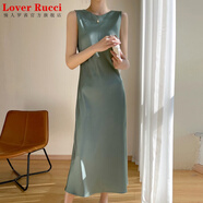 LOVER RUCCI三醋酸緞面真絲吊帶連衣裙女夏季桑蠶絲圓領(lǐng)長(zhǎng)裙子A字裙高腰無袖 綠色 XL
