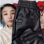 凡摩喬皮褲加絨加厚秋冬新款松緊腰高腰百搭收腳鉛筆褲 黑色 3XL 135-145斤