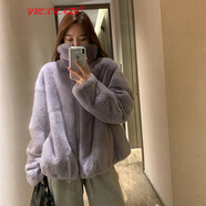 YUEXUNZI新款短外套女裝加厚仿羊羔絨外套女百搭小香風(fēng)寬松大衣潮秋冬季 紫色 S