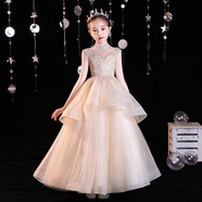 小咔衣濃女童公主裙花童蓬蓬紗兒童高端晚禮服女孩小主持人鋼琴演奏演出服 1587A1香檳色短袖連衣裙 130