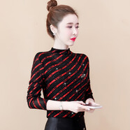 KANJOOP斜條紋打底衫女春秋冬內搭半高領(lǐng)網(wǎng)紗修身上衣時(shí)尚顯瘦長(cháng)袖t恤女 紅色 XL