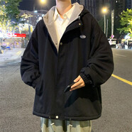 趣米樂(lè )仿羊羔絨毛加厚外套男秋冬季寬松韓版潮流休閑百搭搖粒絨夾克棉服 黑色 2XL