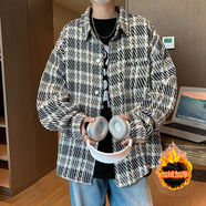 百鵲亭毛呢外套男2025秋冬季高級感格子襯衫外套男寬松加絨翻領(lǐng)夾克男 3300黑色 【加絨款  面料升級】 2XL