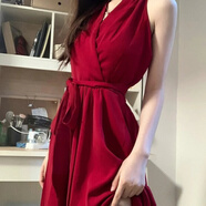 苜戈純欲風(fēng)紅色掛脖連衣裙女2025早秋御姐v領(lǐng)收腰綁帶修身中長裙 紅色 高質(zhì)量 XL 建議116-125斤