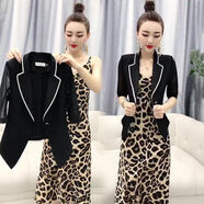 索宛亦（SUOWANYI）歐貨新款西服外套吊帶連衣裙中長款兩氣質(zhì)名媛時尚洋氣套裝潮 5508#黑色西裝+大豹紋裙子 M 建議90-105斤