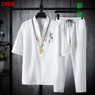 UYUK國風(fēng)中國風(fēng)套裝男唐裝男潮牌復古外套中式漢服古裝冰絲短袖T恤男青年 TZ025白色 XL