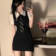 菲尼東爵2022年新款polo領(lǐng)假兩件襯衫連衣裙子女夏季設(shè)計(jì)感小眾辣妹包臀裙 04款黑色 XL 【建議115-125斤】