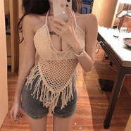 浮澤足針加密小吊帶背心系帶針織美背吊帶衫露背抹胸鏤空掛脖上衣女裝 款式 2- 杏色 均碼 140斤內(nèi)內(nèi)可穿