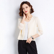 歌米拉 冰絲針織小開(kāi)衫女七分袖薄款新款短款夏季薄款高腰外搭披肩上衣 米色 M
