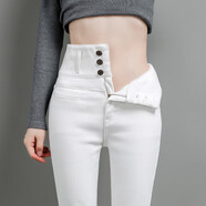 牧獅德白色加絨牛仔褲女百搭秋冬高腰彈力小腳褲顯瘦收腹排扣鉛筆長(cháng)褲子 白色加絨 長(cháng)褲 28