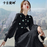 卡吉蘭娜連衣裙女裝春秋季新款小香風(fēng)中長款過膝減齡氣質(zhì)收腰顯瘦針織裙子 黑色 XL (建議體重120-135斤)