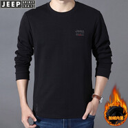 JEEP長(cháng)袖t恤男圓領(lǐng)寬松大碼秋冬季新款純色刺繡休閑百搭衛衣男士上衣 黑色加絨 5XL(建議220-235斤)