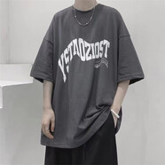 卡圖弛 衣服男夏季短袖t恤男寬松休閑套裝韓版潮流百搭五分半截袖男青少年美式復古運動(dòng)短褲一套上衣男裝 深灰色短袖 2XL【建議130-145斤】