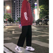 夢史怡褲子ins女原宿風闊腿褲高腰墜感寬松顯瘦直筒褲秋冬休閑拖地長褲 黑色九分褲 【小個子版】 XL 120-135斤