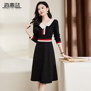 海青藍(lán)（CYANINE SEA）名媛氣質(zhì)顯瘦連衣裙2023秋冬女裝新款設(shè)計(jì)感小眾拼色減齡修身裙子 黑色 L