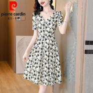 皮爾卡丹（pierre cardin）法式領碎花短袖雪紡連衣裙女夏季2024新款媽l媽夏裝氣質收腰字裙 卡其色 L [106-115斤]
