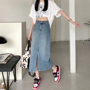 涓涓細(xì)語開叉半身裙女夏季2023年新款大碼高腰中長款包臀長裙牛仔裙子 藍(lán)色 S