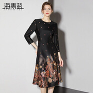 海青藍（CYANINE SEA）時(shí)尚氣質(zhì)高級感復古印花連衣裙女2024秋季新款圓領(lǐng)修身顯瘦a字裙 花色 S