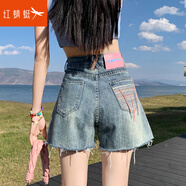 紅蜻蜓時尚軟牛仔短褲女夏季年新款薄款高腰a字毛邊破洞短裙子 淺藍(lán)色短褲 L 【112~125斤】