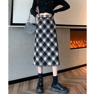 HIPPATIA包臀裙2025春秋新款長(cháng)裙女百搭高腰顯瘦A子復古斜格紋格子半身裙 黑灰色【款】 加絨 L （建議110~125斤）