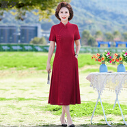 富夕五一結(jié)婚喜婆婆婚宴裝媽媽過(guò)膝長(zhǎng)裙高貴結(jié)婚禮服中老年女改良旗袍 2011-9280酒紅夏 2XL 建議110-125斤