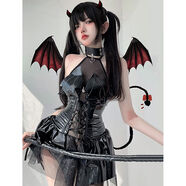 奈久留美小惡魔皮裙亮面PU掛脖綁帶短裙套裝日系jk制服COS二次元女裝 蝙蝠小惡魔-黑