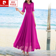 皮爾卡丹（pierre cardin）2025夏季新款超仙時(shí)尚氣質(zhì)真絲桑蠶絲連衣裙修身顯瘦沙灘大擺長(zhǎng)裙 玫紅色 2XL