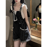 FZMF蕾絲花邊牛仔背帶短褲女學(xué)生韓版寬松新款夏學(xué)院風(fēng)可愛(ài)背帶褲 碳灰色 (蕾絲花邊設計) S版